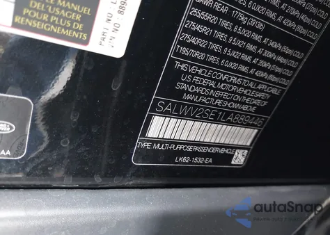 2020 Land Rover Range Rover Sport Autobiography z USA, uszkodzony, nr VIN SALWV2SE1LA889446